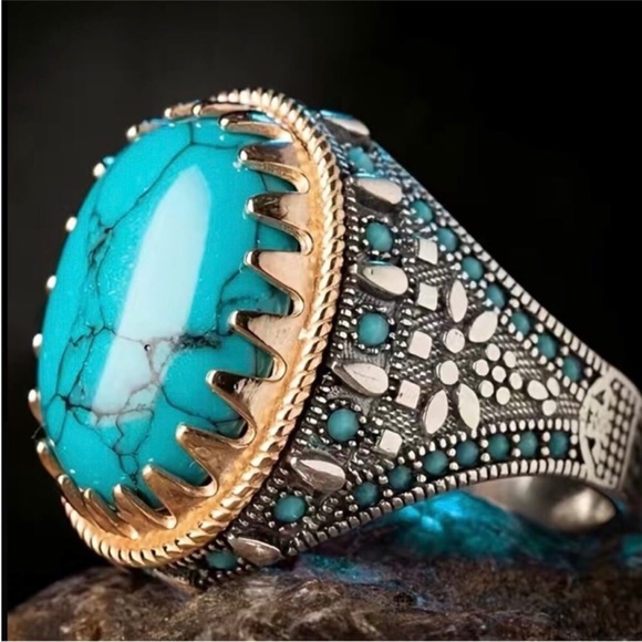Men's Turquoise Rhinestone Stainless Steel Ring Size 9 Retro Gift Father’s Day - Picture 8 of 8